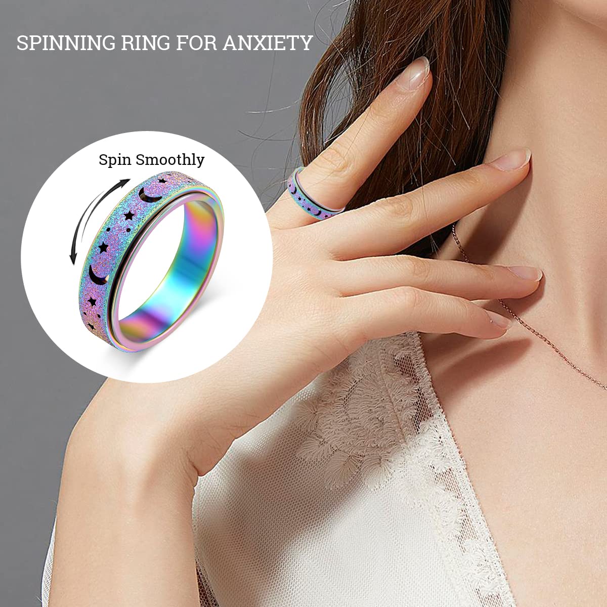 OreilleStar Anxiety Ring – Moon Star Rainbow Fidget Spinner, Stainless Steel, Size 7