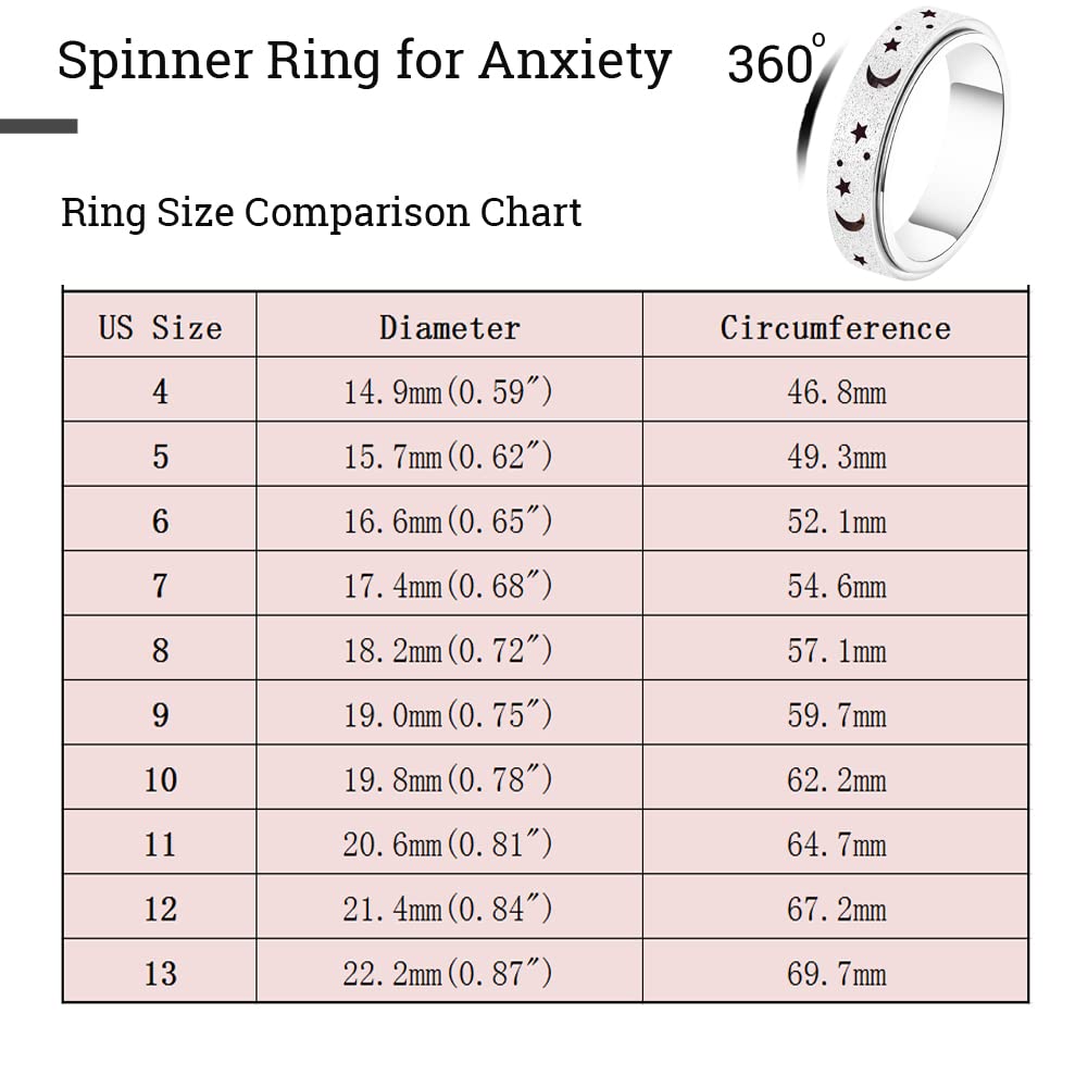 OreilleStar Moon Star-Black Anxiety Spinner Ring – Stainless Steel Fidget Ring for Women & Men (US Sizes 6-10)