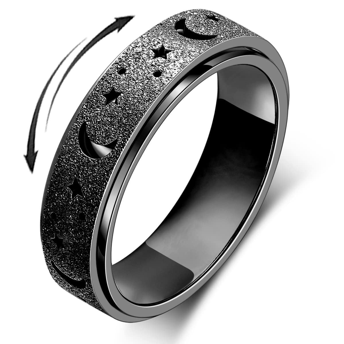 OreilleStar Moon Star-Black Anxiety Spinner Ring for Women & Men | Stainless Steel Fidget Ring (Size 9)
