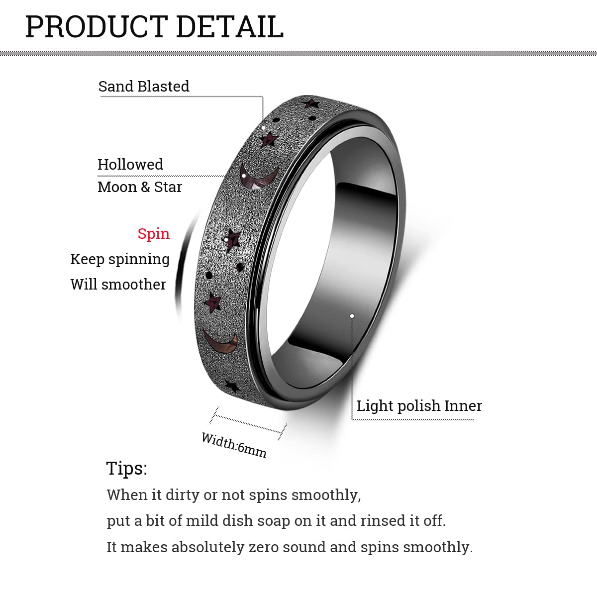 OreilleStar Moon Star-Black Anxiety Spinner Ring for Women & Men | Stainless Steel Fidget Ring (Size 9)