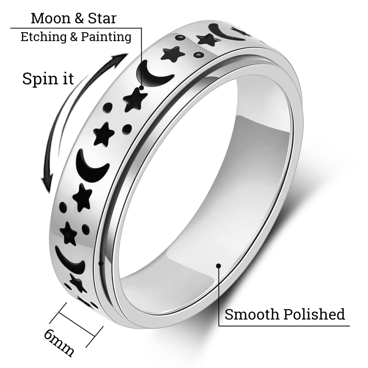 OreilleStar Anxiety Ring for Women — Moon-Star Spinner Ring