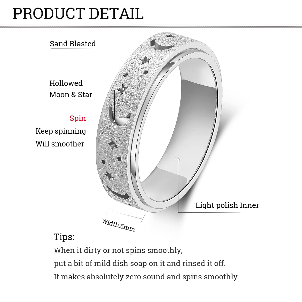 OreilleStar Anxiety Ring – Spinner Fidget Ring for Women & Men, Stainless Steel, Size 10
