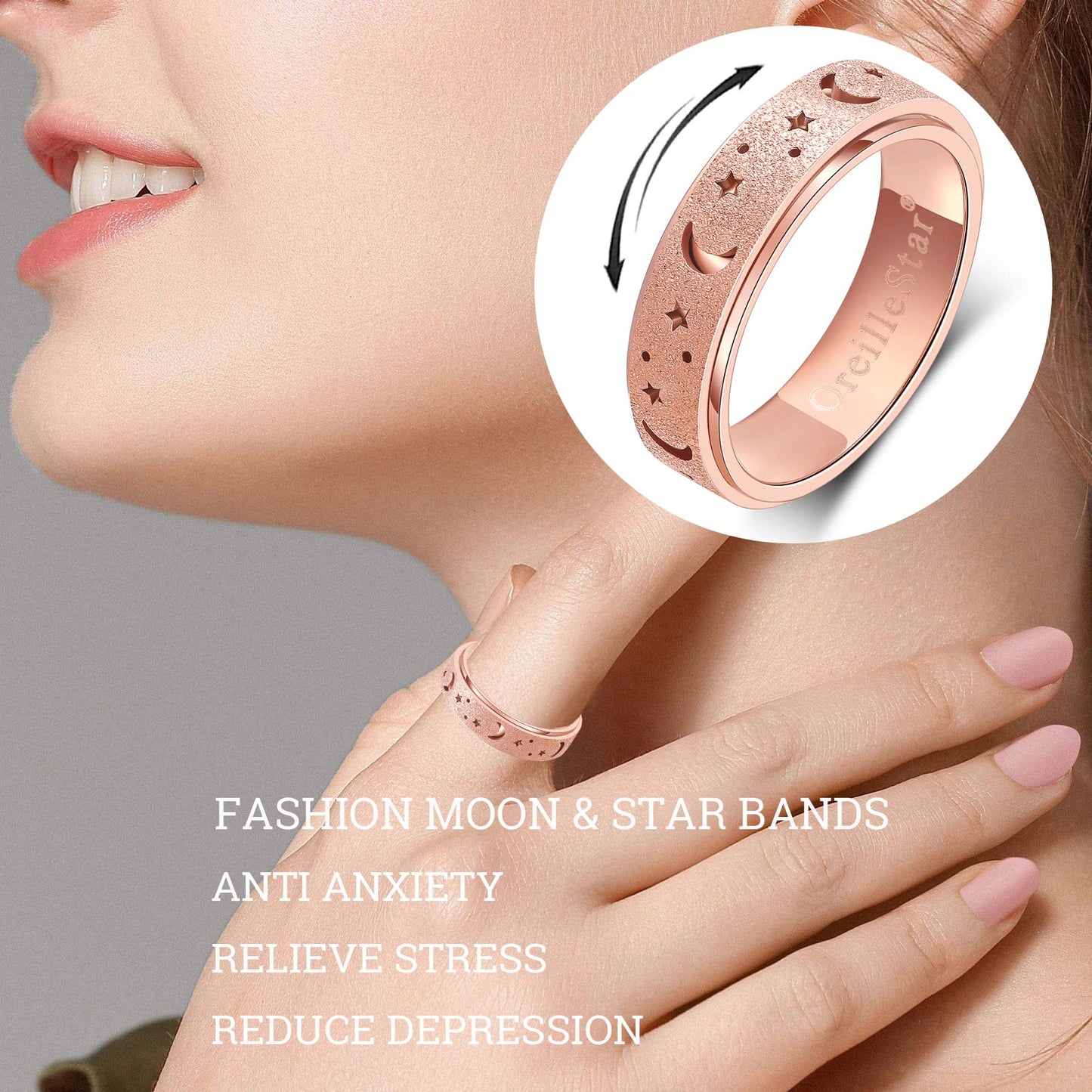 OreilleStar Anxiety Ring for Women – Stainless Steel Spinner Fidget Ring (Rose Gold)
