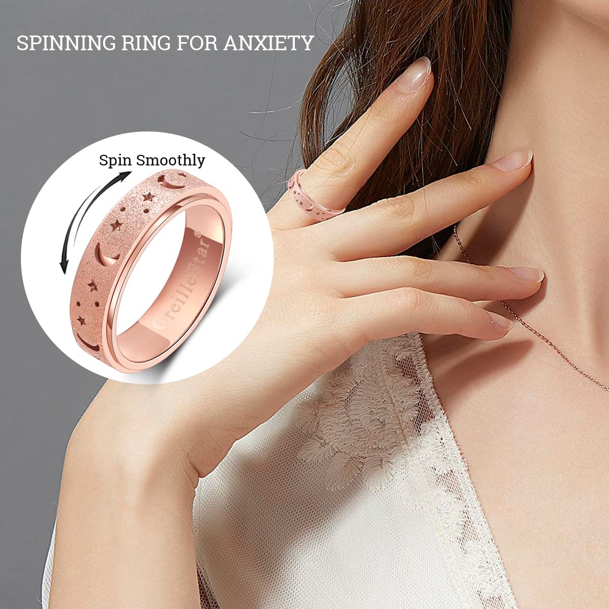OreilleStar Anxiety Ring for Women – Stainless Steel Spinner Ring | Fidget Ring Set in Rose Gold, Silver, Rainbow | Size 9