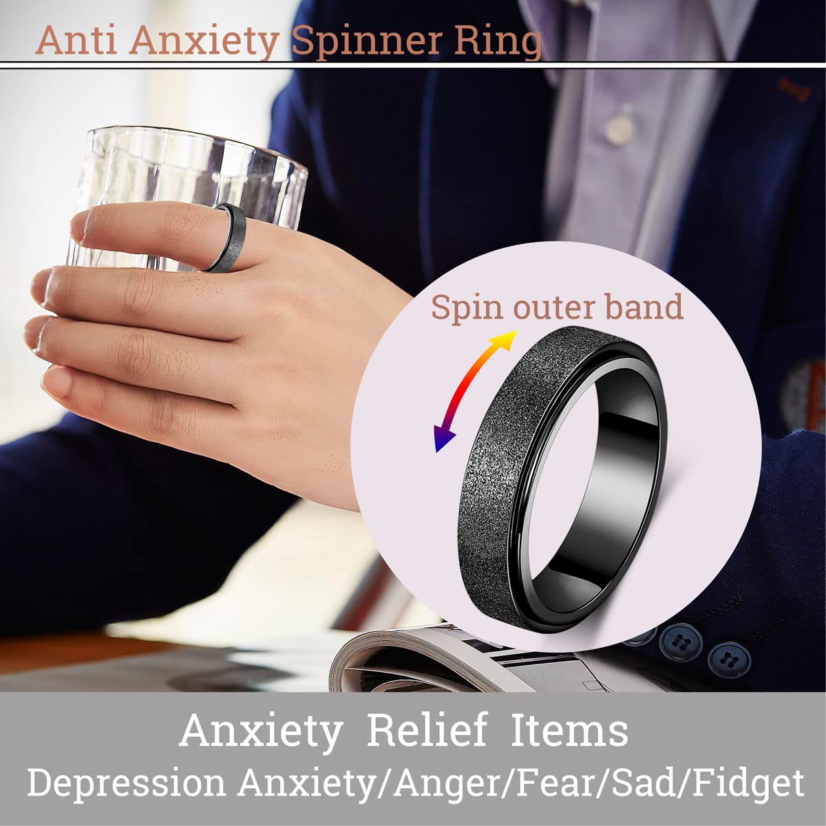 Titanium Stainless Steel Fidget Spinner Anxiety Ring for Women Men Black Size 7 Width 6MM Sand Blasted Finish