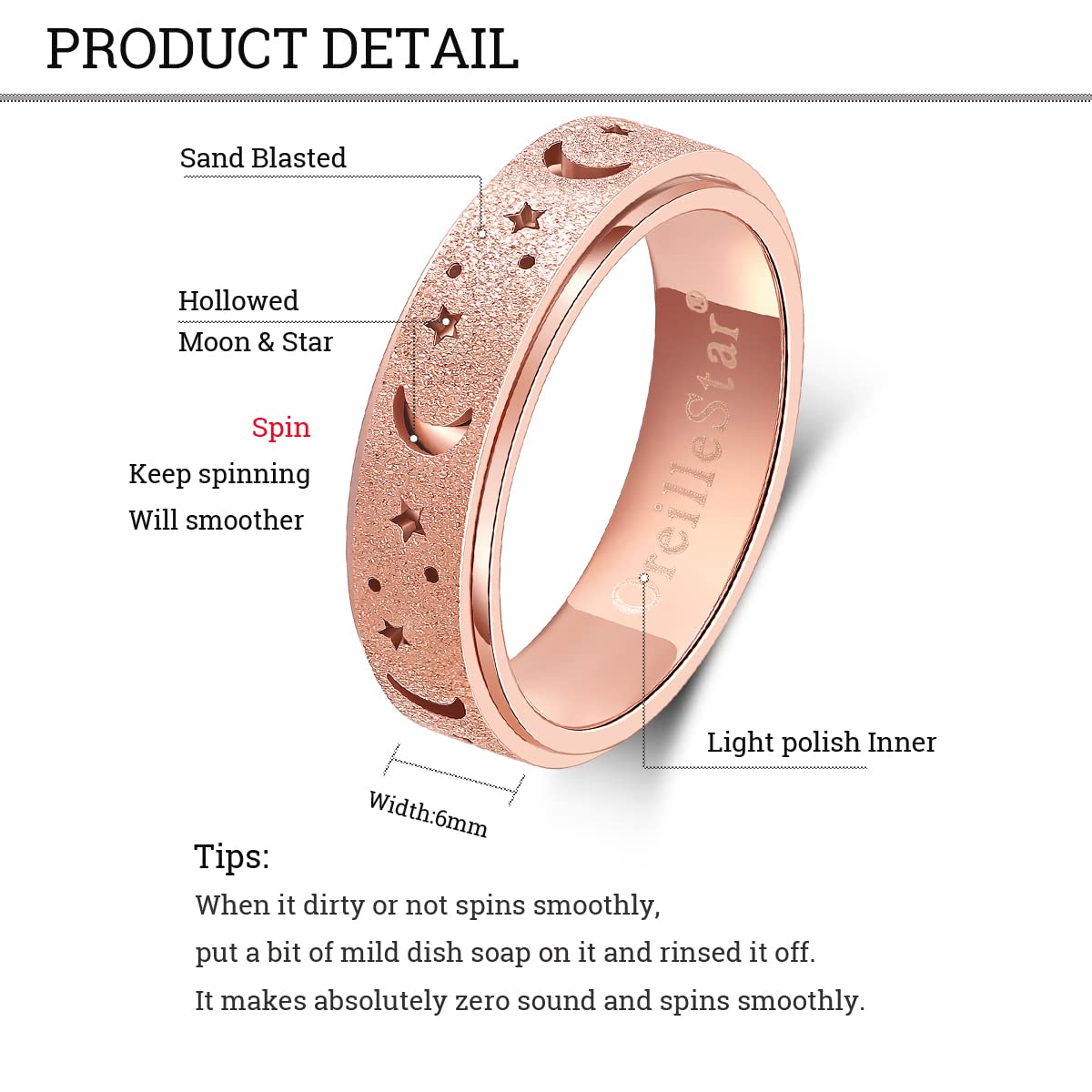 OreilleStar Anxiety Ring for Women – Stainless Steel Spinner Ring | Fidget Ring Set in Rose Gold, Silver, Rainbow | Size 9
