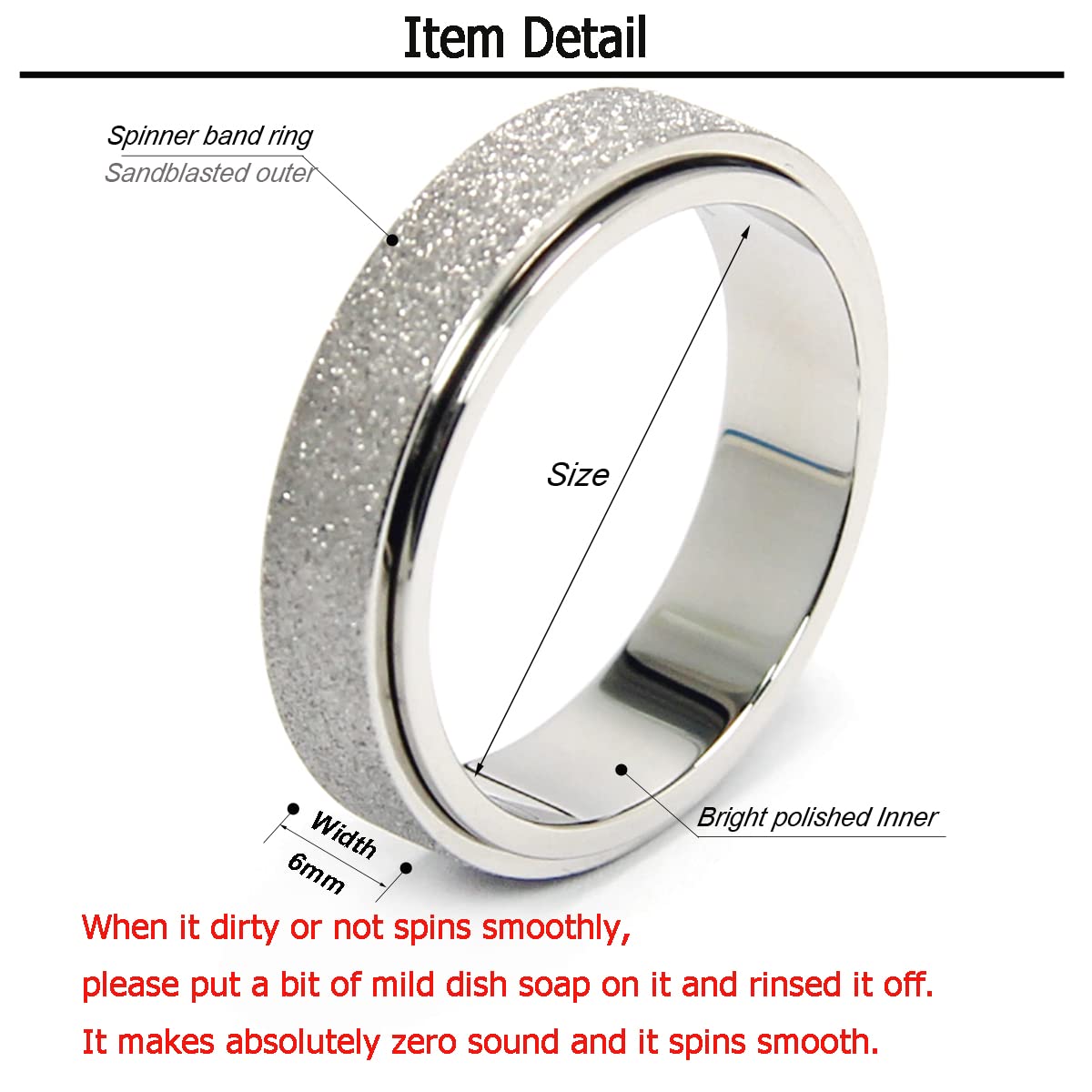 OreilleStar Anxiety Ring for Women – 6mm Titanium Stainless Steel Fidget Spinner Ring
