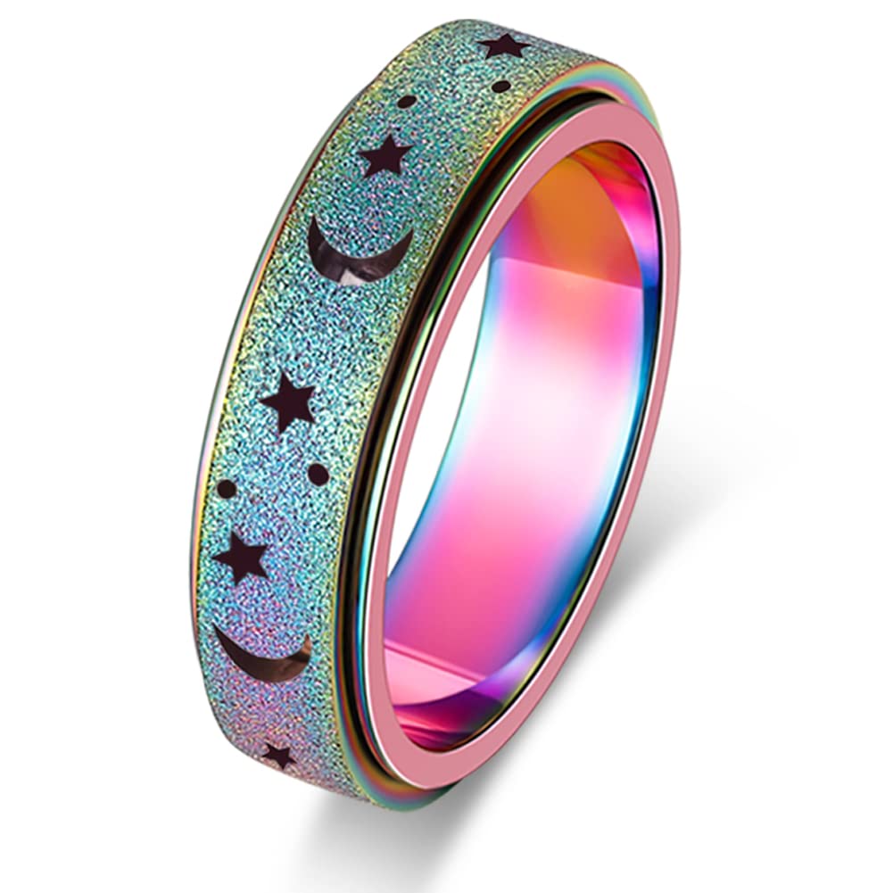OreilleStar Anxiety Ring – Moon Star Rainbow Fidget Spinner, Stainless Steel, Size 7