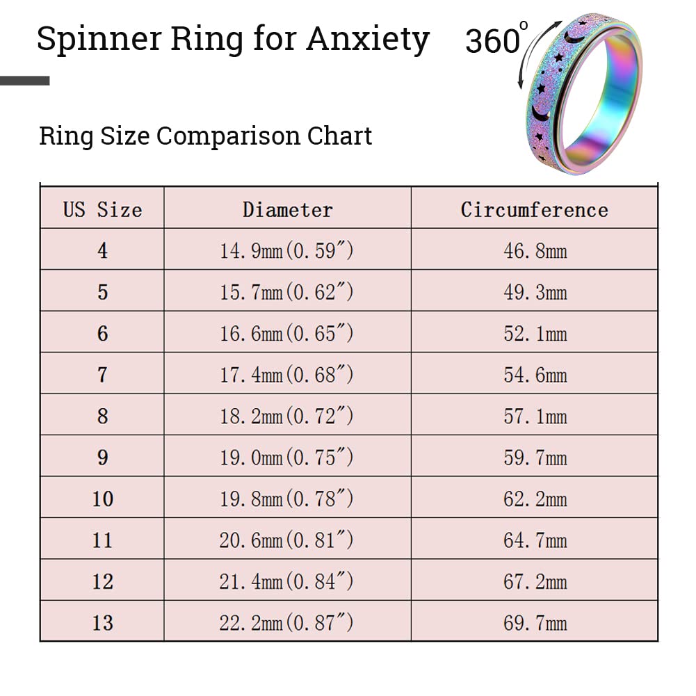 OreilleStar Anxiety Ring – Moon Star Rainbow Fidget Spinner, Stainless Steel, Size 7