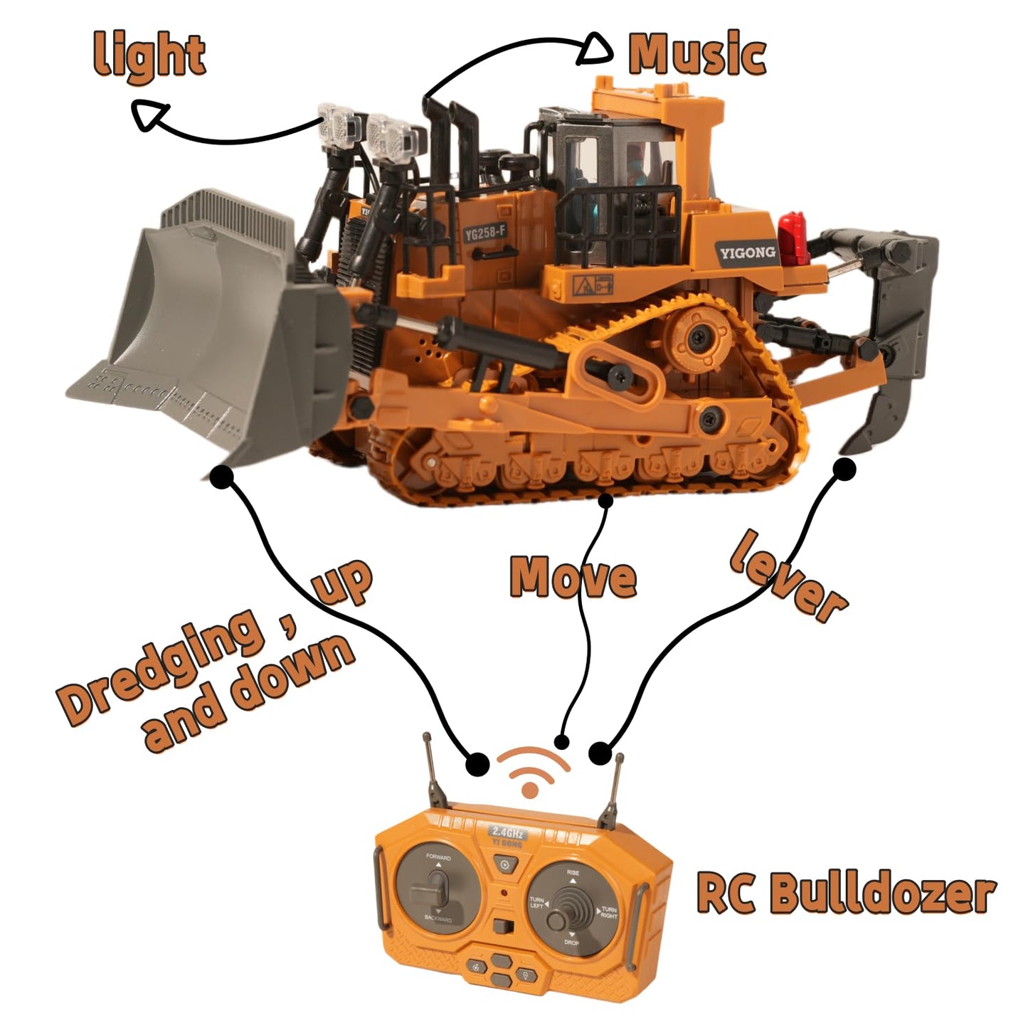 OrgaNatureQueen 9-Channel RC Bulldozer with Lights & Sound – Realistic Metal Construction Toy