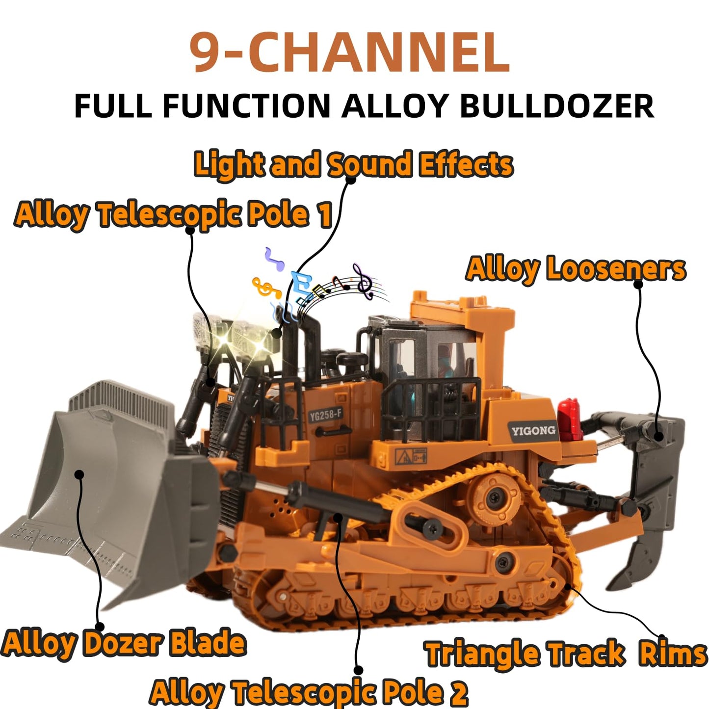 OrgaNatureQueen 9-Channel RC Bulldozer with Lights & Sound – Realistic Metal Construction Toy