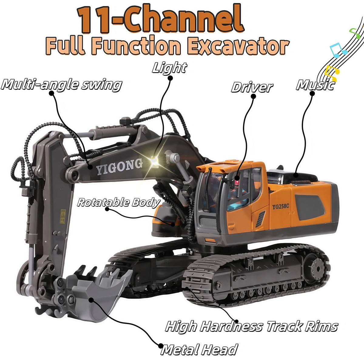 OrgaNatureQueen RC Excavator with Lights & Sound — 11-Channel Heavy Equipment Toy