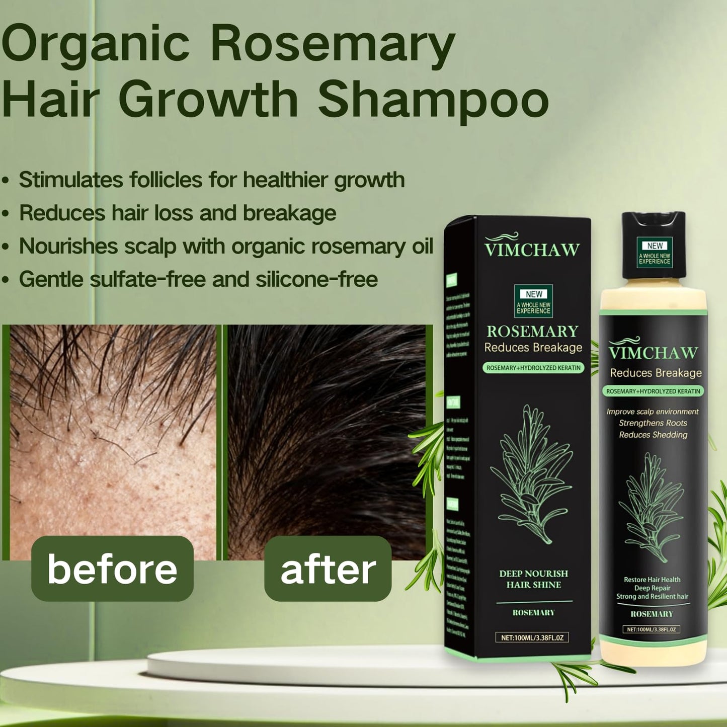 Organic Rosemary Hair Growth Shampoo for Thinning Hair & Hair Loss – Thickening & Strengthening Formula with Hydrolyzed Keratin (2-Pcs)