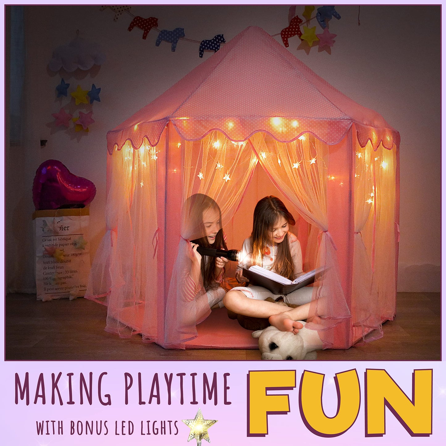 ORIAN Princess Castle Play Tent for Girls with LED Star Lights – Indoor & Outdoor Playhouse (55x53-inch)