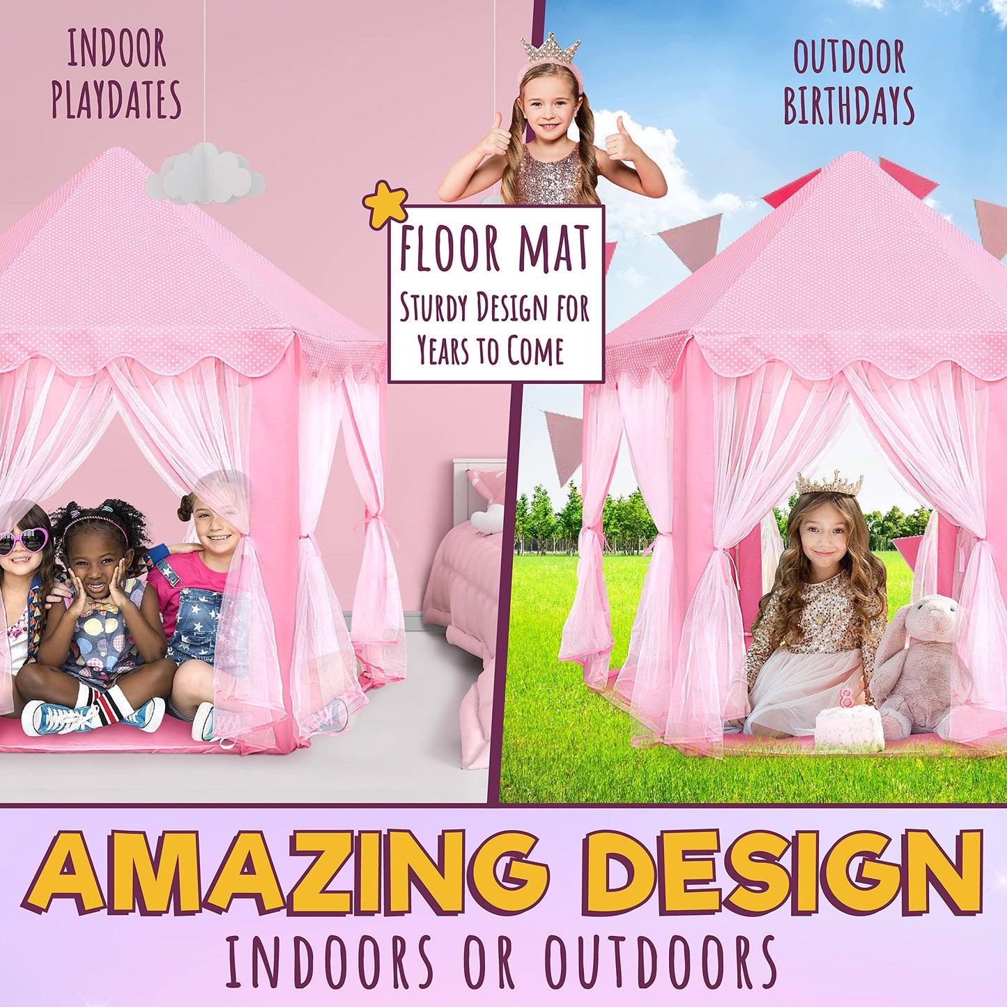 ORIAN Princess Castle Play Tent for Girls with LED Star Lights – Indoor & Outdoor Playhouse (55x53-inch)