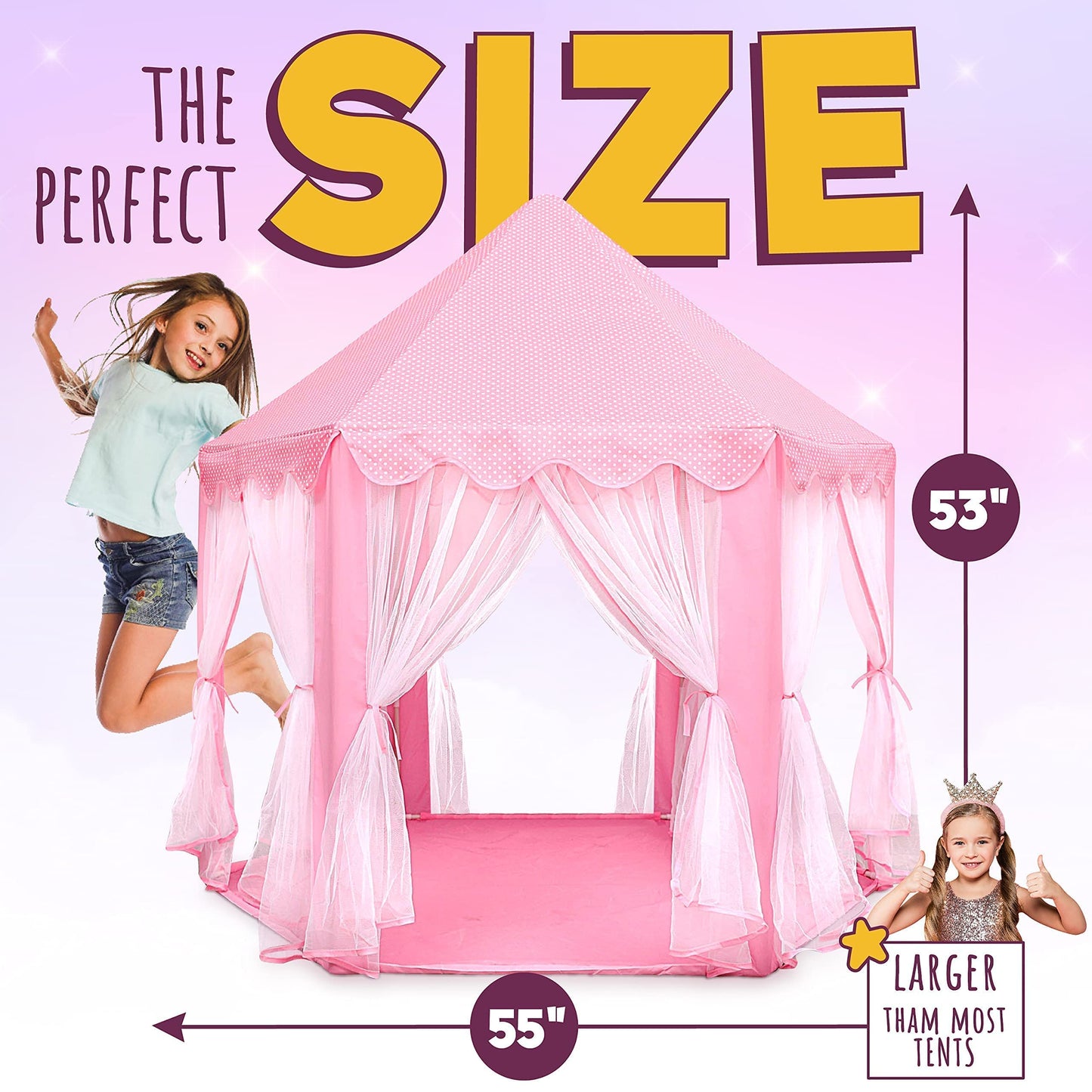 ORIAN Princess Castle Play Tent for Girls with LED Star Lights – Indoor & Outdoor Playhouse (55x53-inch)