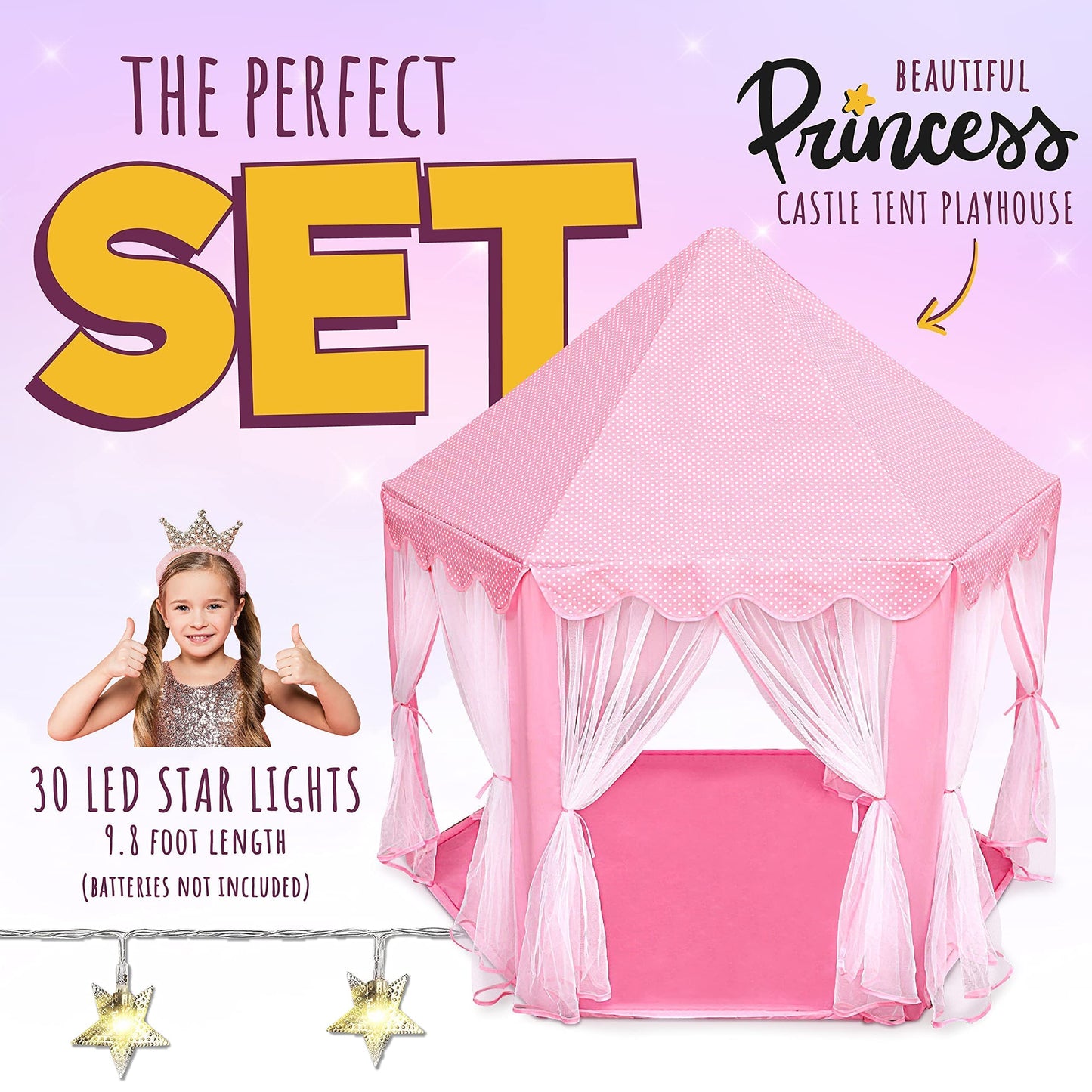 ORIAN Princess Castle Play Tent for Girls with LED Star Lights – Indoor & Outdoor Playhouse (55x53-inch)