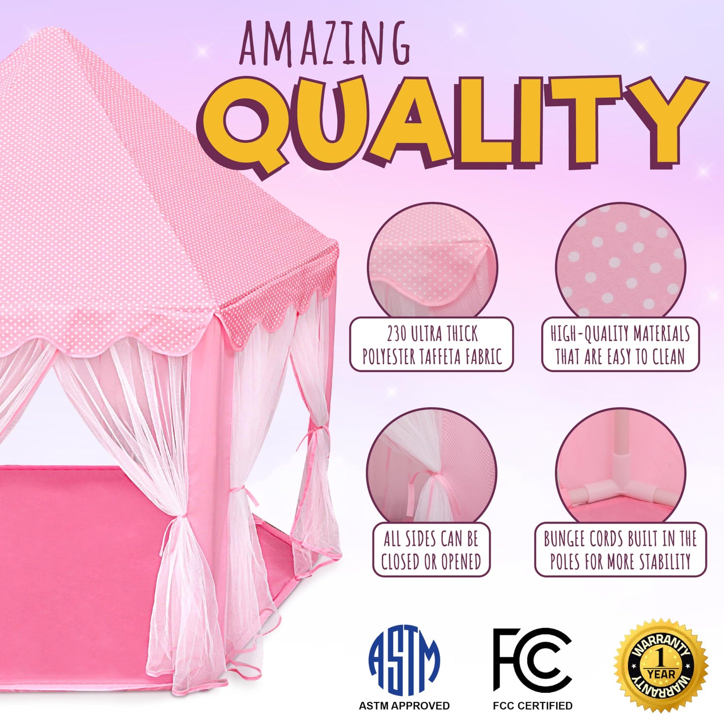 ORIAN Princess Castle Play Tent for Girls with LED Star Lights – Indoor & Outdoor Playhouse (55x53-inch)