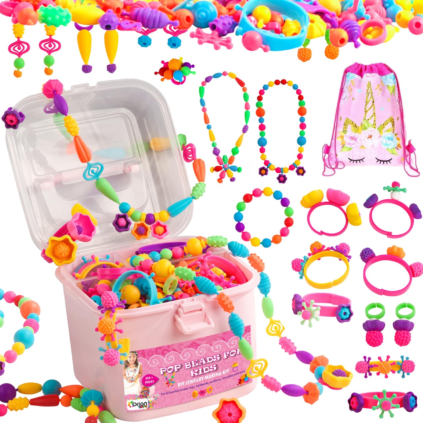 Orian Pop Beads Jewelry Kit for Girls – 520+ Colorful Snap Beads for Bracelets, Necklaces & Rings (Ages 3+)