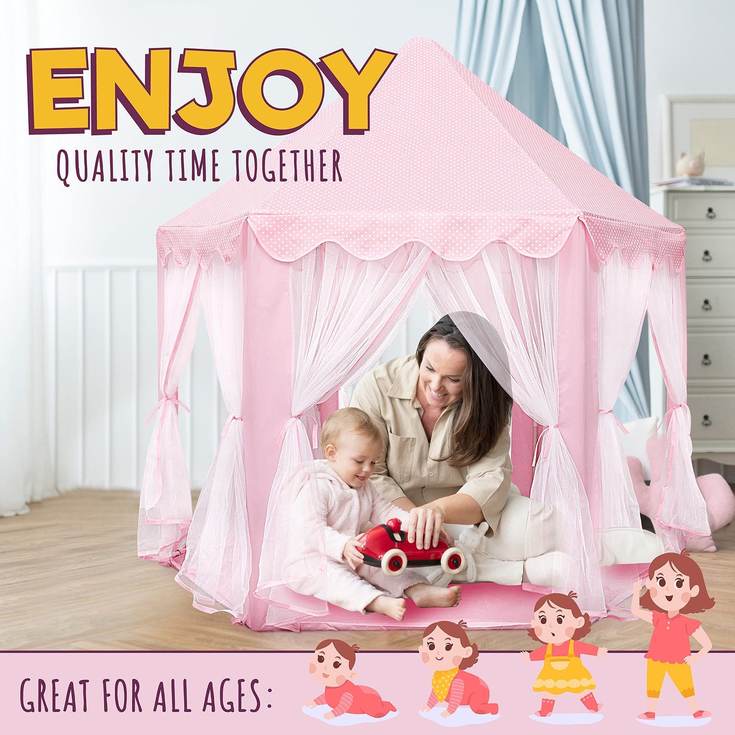 ORIAN Princess Castle Play Tent for Girls with LED Star Lights – Indoor & Outdoor Playhouse (55x53-inch)