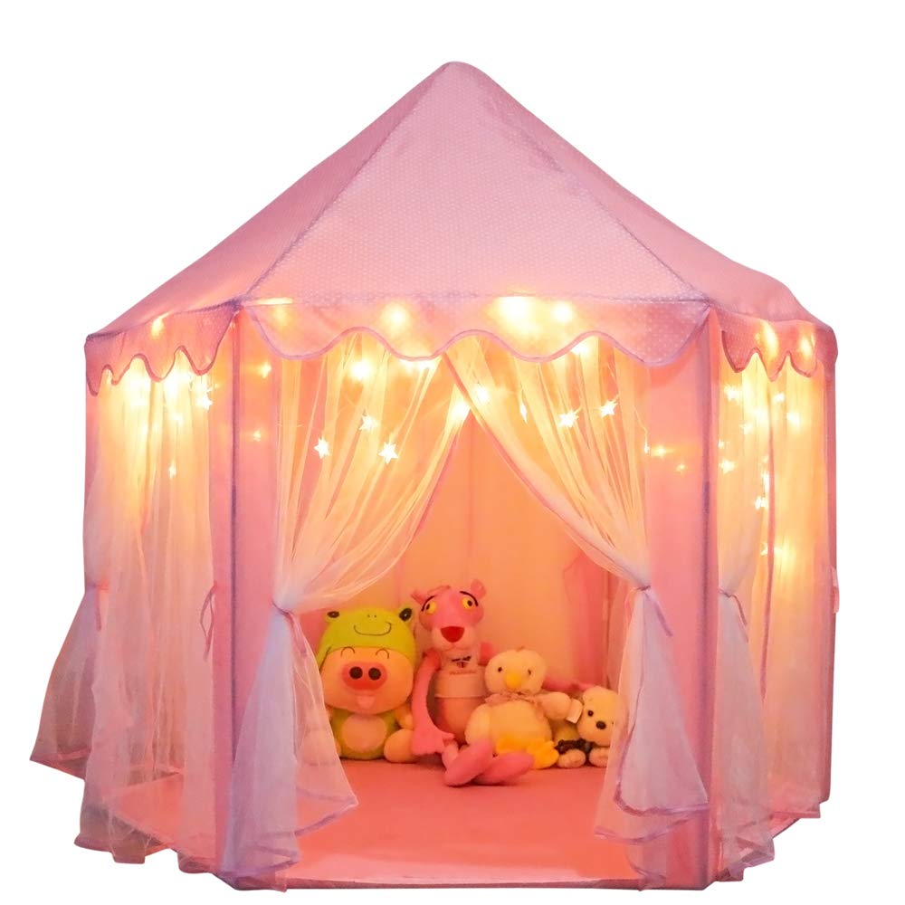ORIAN Princess Castle Play Tent for Girls with LED Star Lights – Indoor & Outdoor Playhouse (55x53-inch)