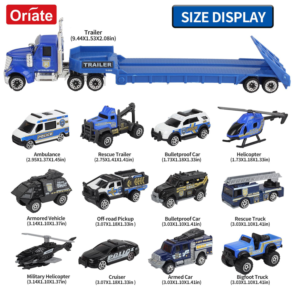 Oriate Diecast Police Rescue City SWAT Car Set with Heavy-Duty Trailer (13pcs)
