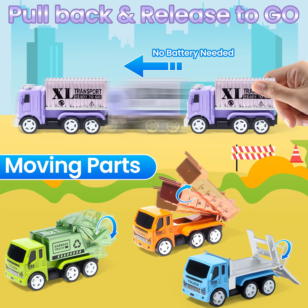 Oriate 6-Piece Diecast Truck Set — Movable Parts & Pull-Back Vehicles for Kids 3+