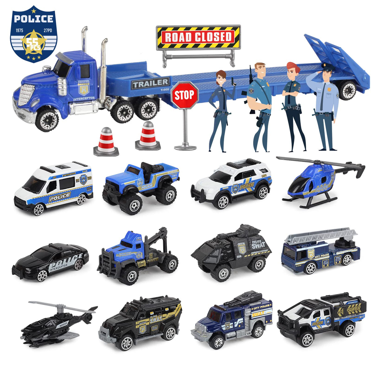 Oriate Diecast Police Rescue City SWAT Car Set with Heavy-Duty Trailer (13pcs)