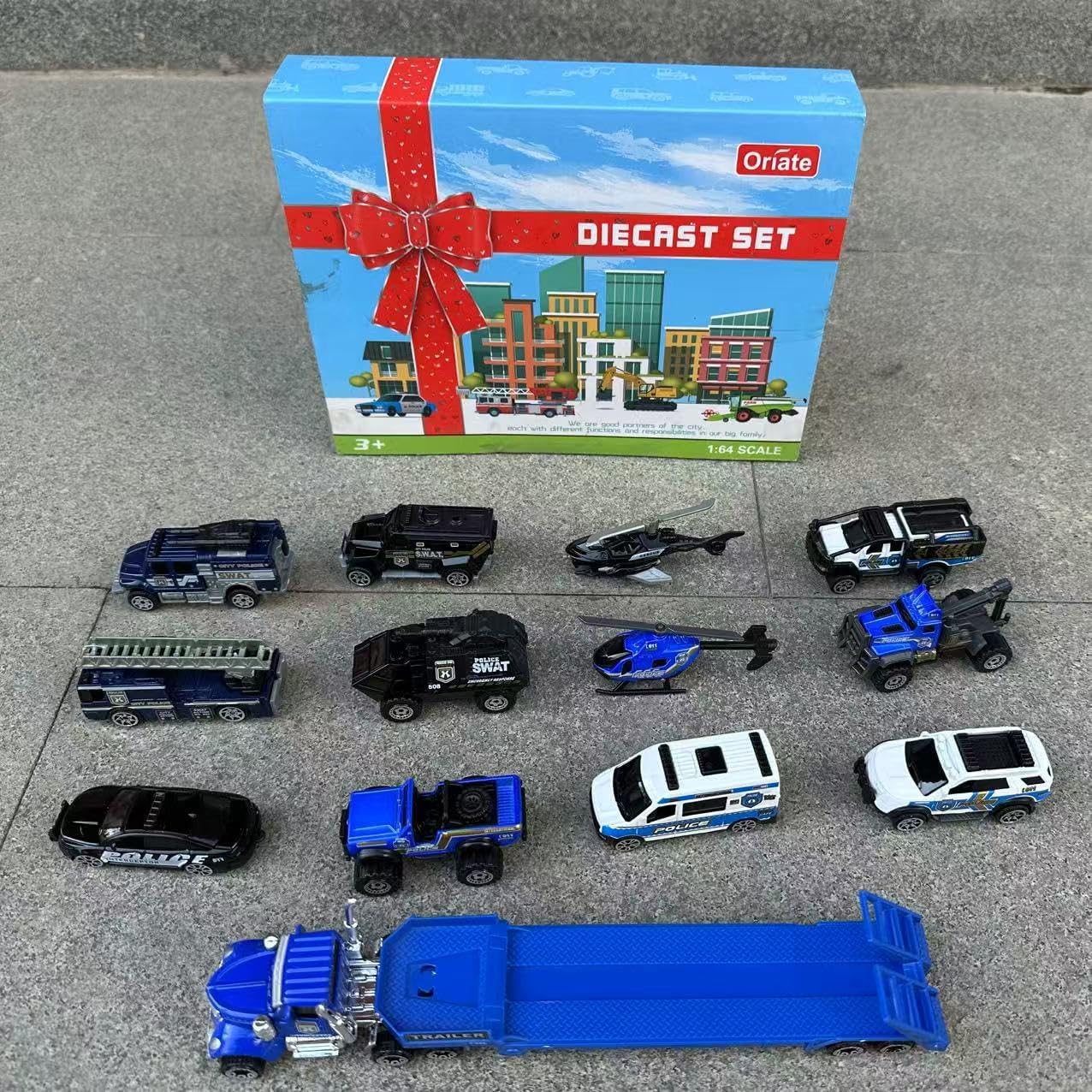 Oriate Diecast Police Rescue City SWAT Car Set with Heavy-Duty Trailer (13pcs)