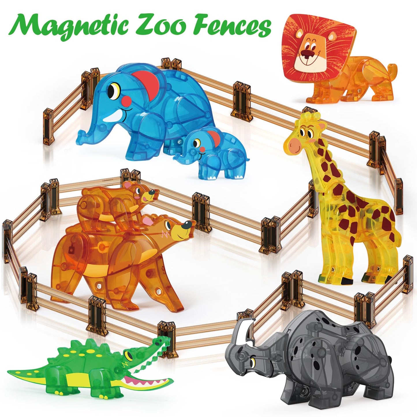 Oriate Farm Animals Fences – 18pc Magnetic Tiles for Farm, Zoo & Dino Play