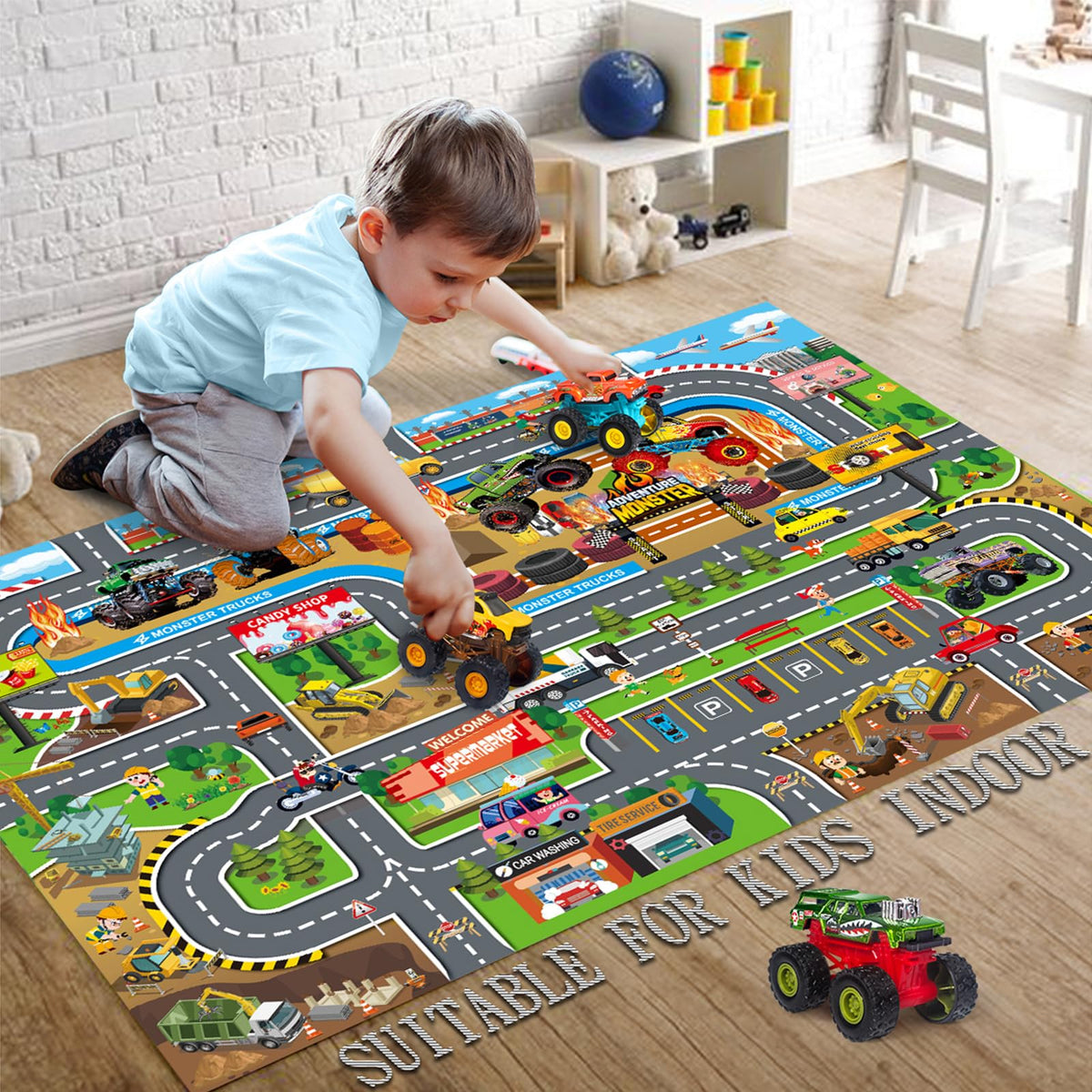 Oriate Kid Dream Mat Monster Truck Playmat – 47.2 x 31.5 in, Multi-Color