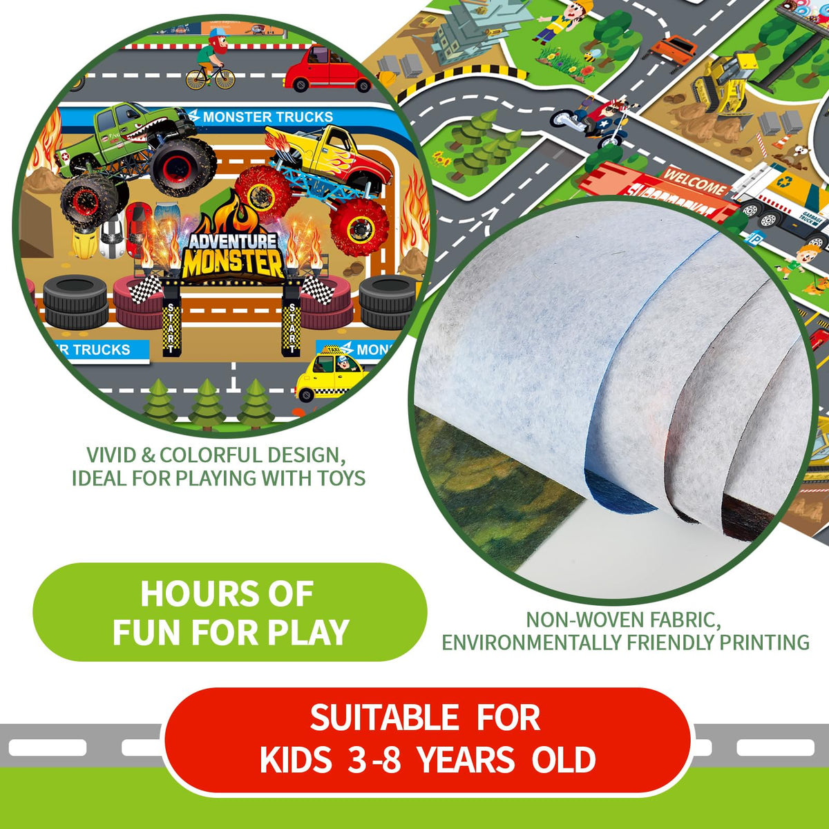 Oriate Kid Dream Mat Monster Truck Playmat – 47.2 x 31.5 in, Multi-Color