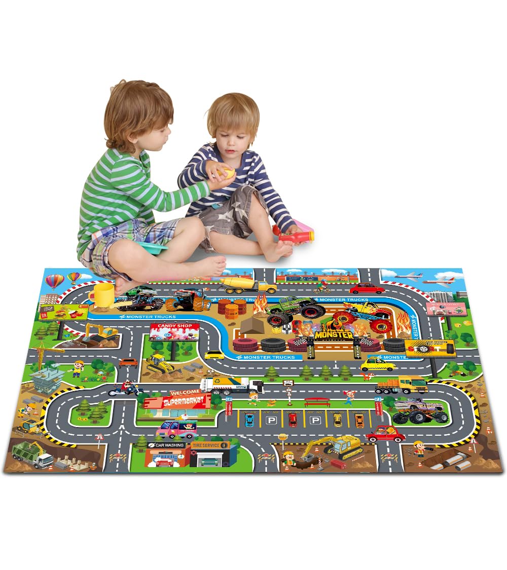 Oriate Kid Dream Mat Monster Truck Playmat – 47.2 x 31.5 in, Multi-Color
