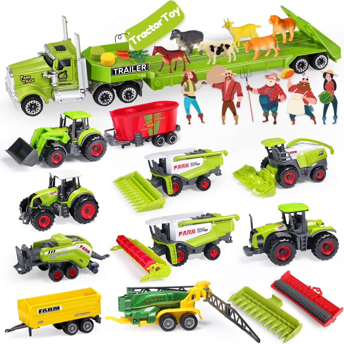 Oriate Kids Farm Toys - Realistic 1/64 Scale Tractor Playset with Animals & Trailer