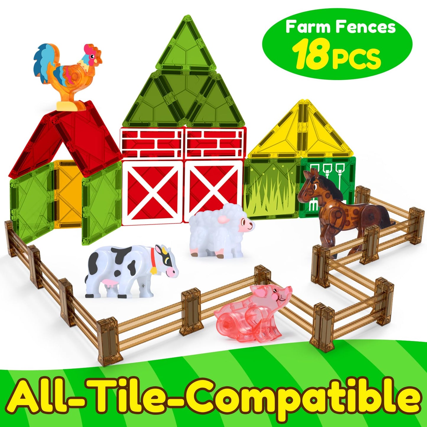 Oriate Farm Animals Fences – 18pc Magnetic Tiles for Farm, Zoo & Dino Play