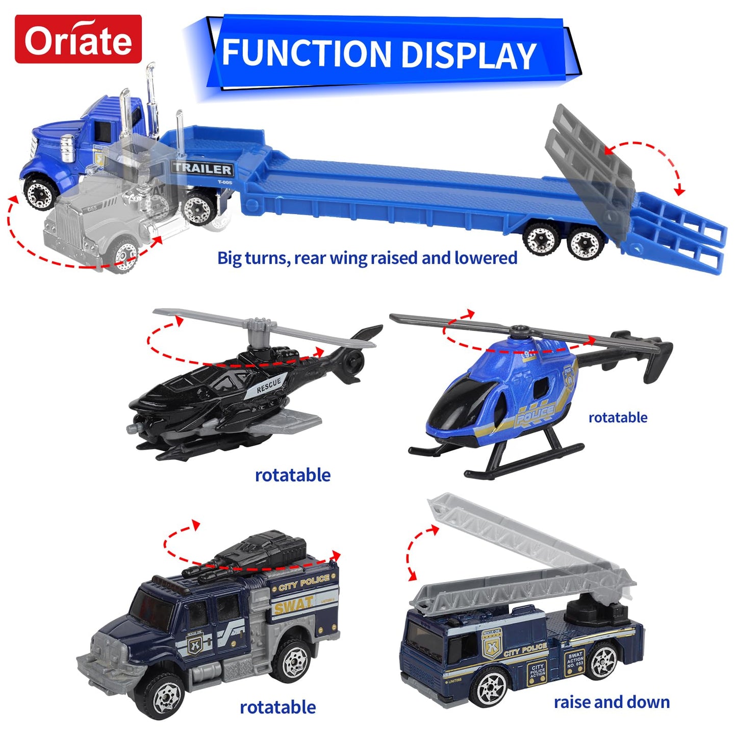 Oriate Diecast Police Rescue City SWAT Car Set with Heavy-Duty Trailer (13pcs)