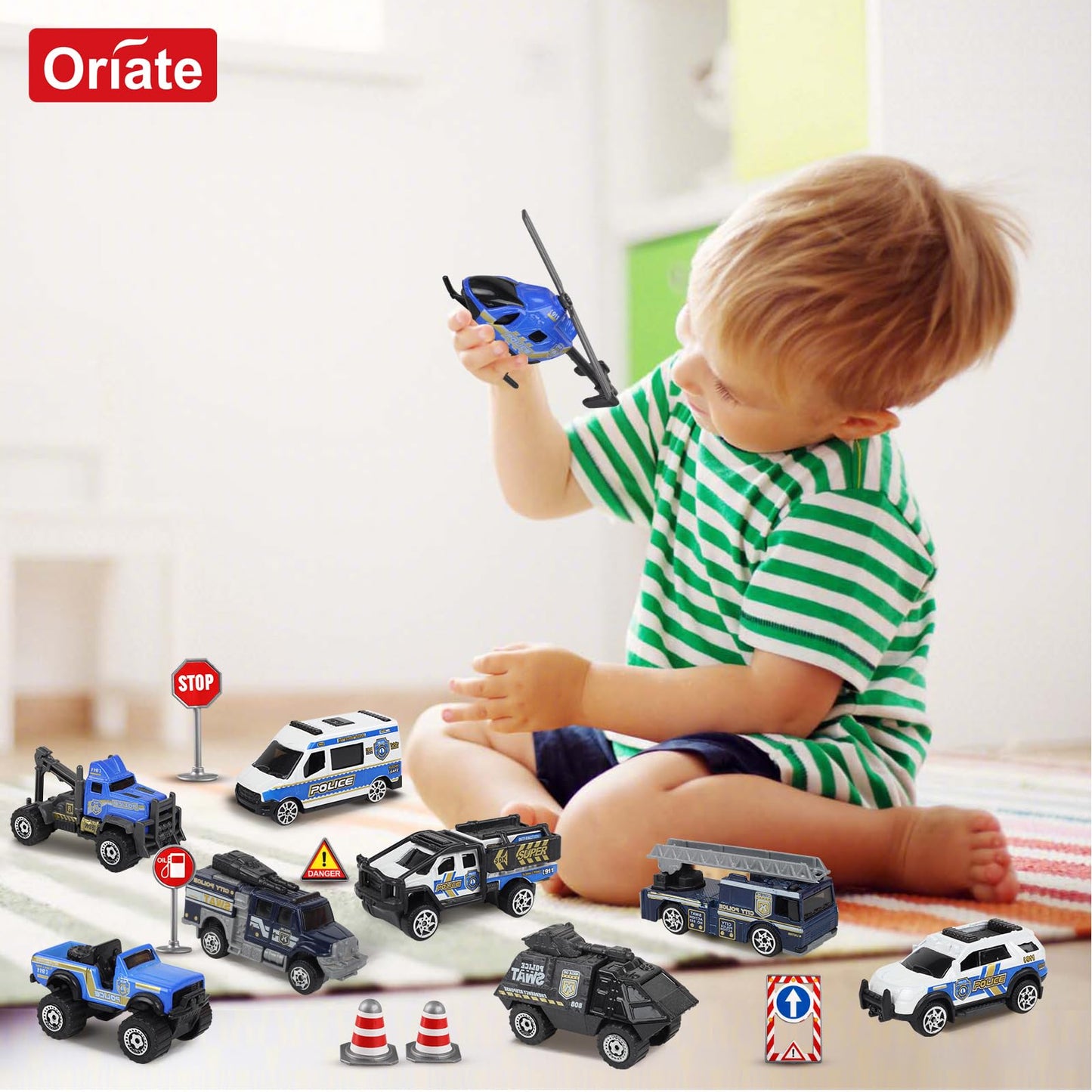 Oriate Diecast Police Rescue City SWAT Car Set with Heavy-Duty Trailer (13pcs)