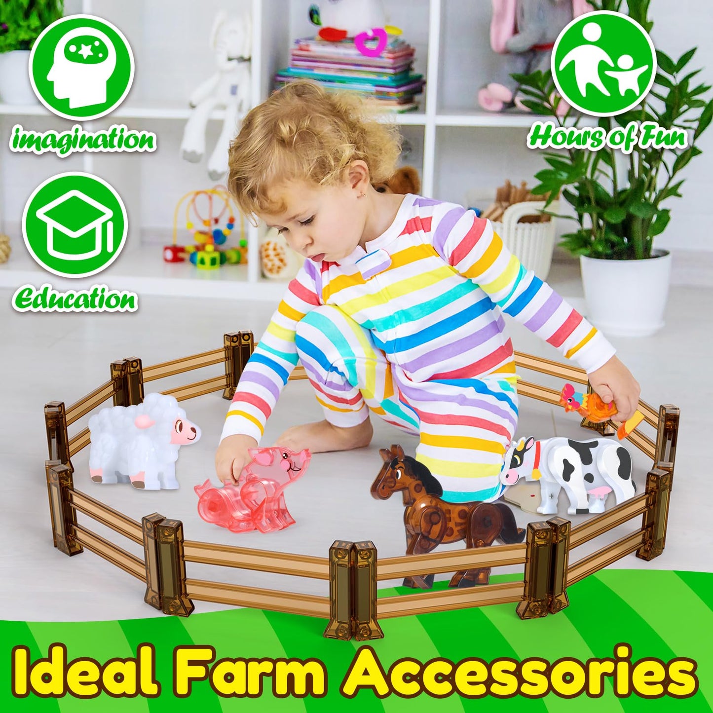 Oriate Farm Animals Fences – 18pc Magnetic Tiles for Farm, Zoo & Dino Play