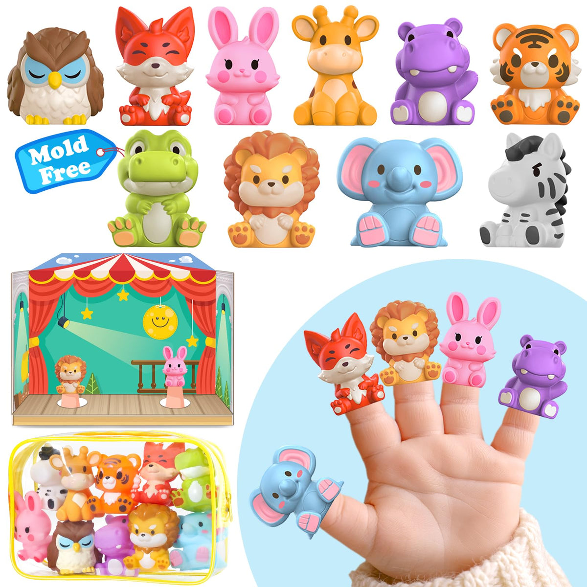 Oriate Zoo Animals Finger Puppets – 10-Piece Toddler Bath & Travel Toys
