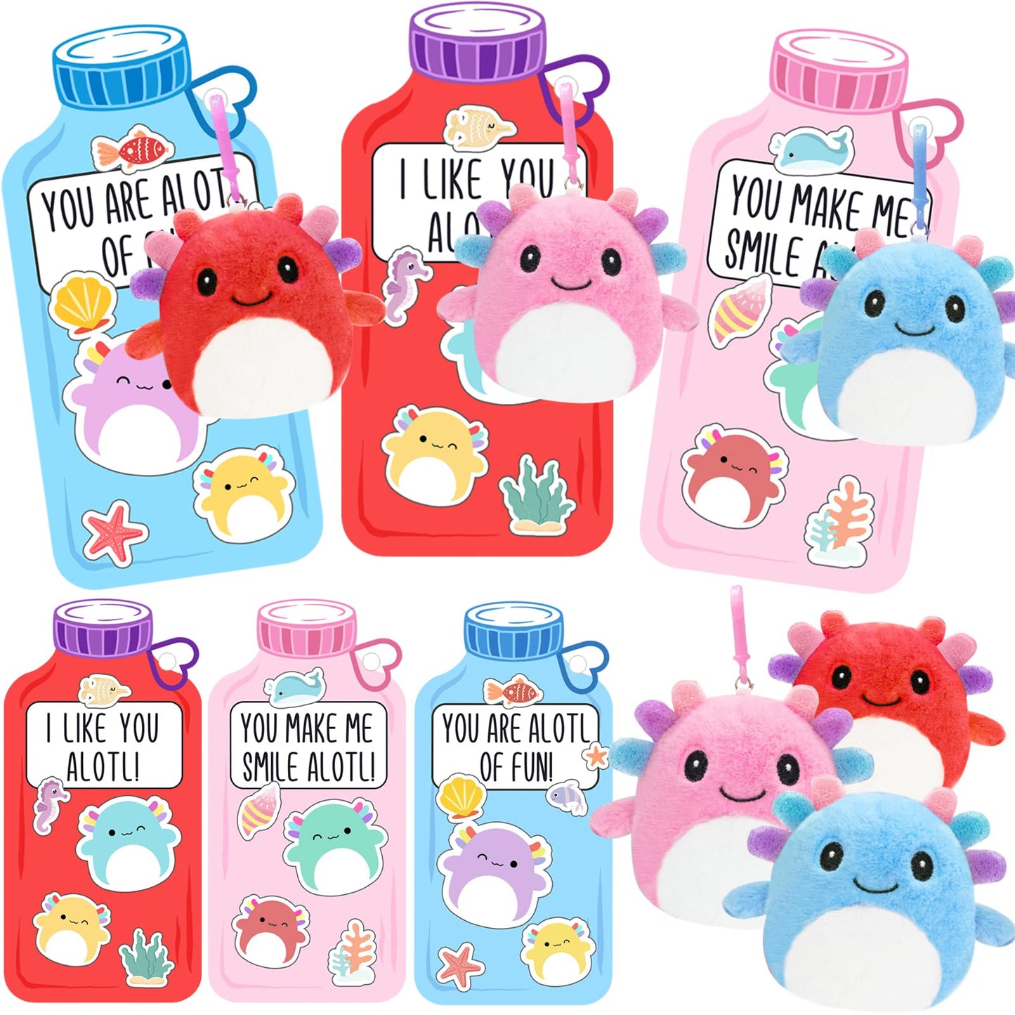 ORIENTAL CHERRY: 24 Axolotl Plush Keychains with Valentine Cards for Kids