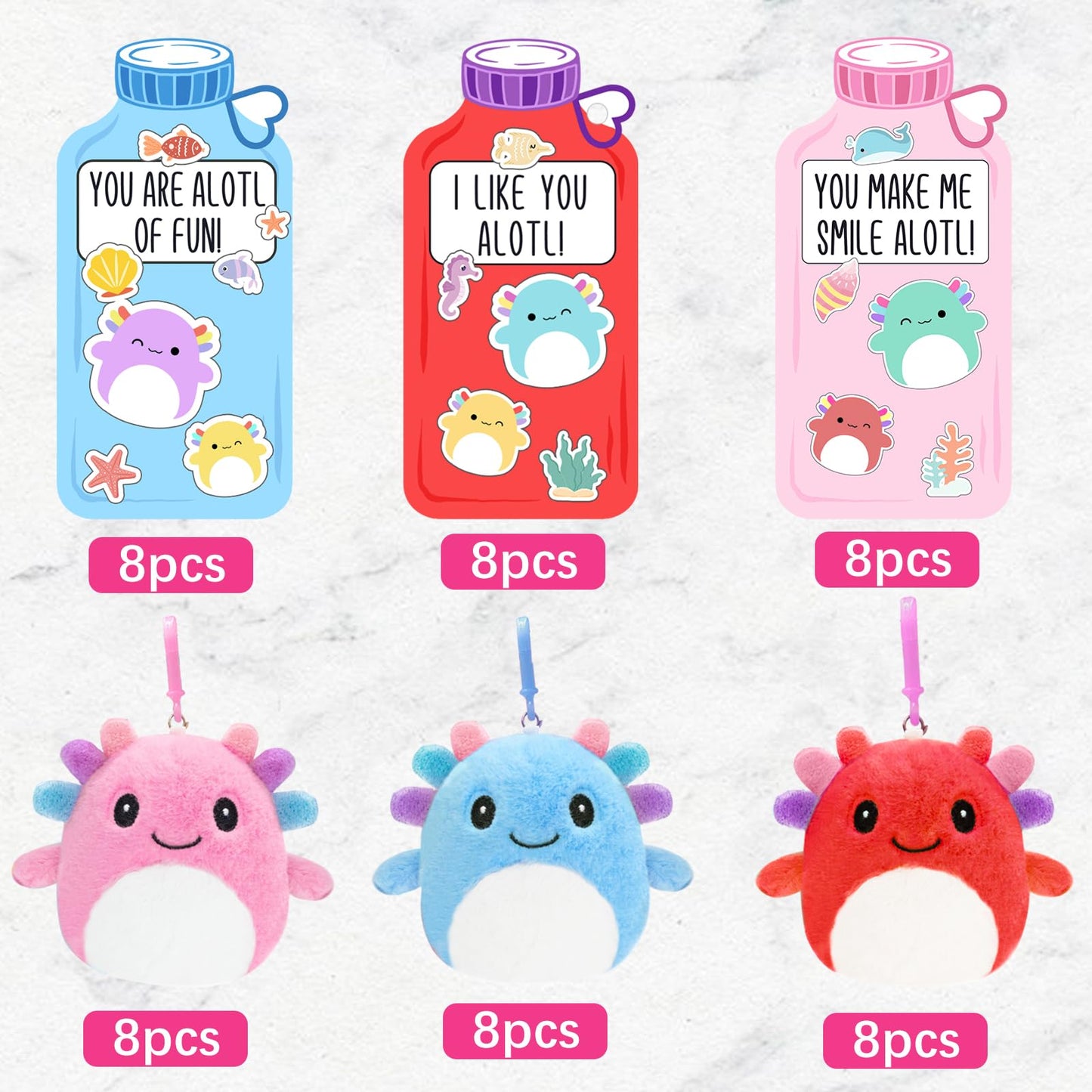 ORIENTAL CHERRY: 24 Axolotl Plush Keychains with Valentine Cards for Kids