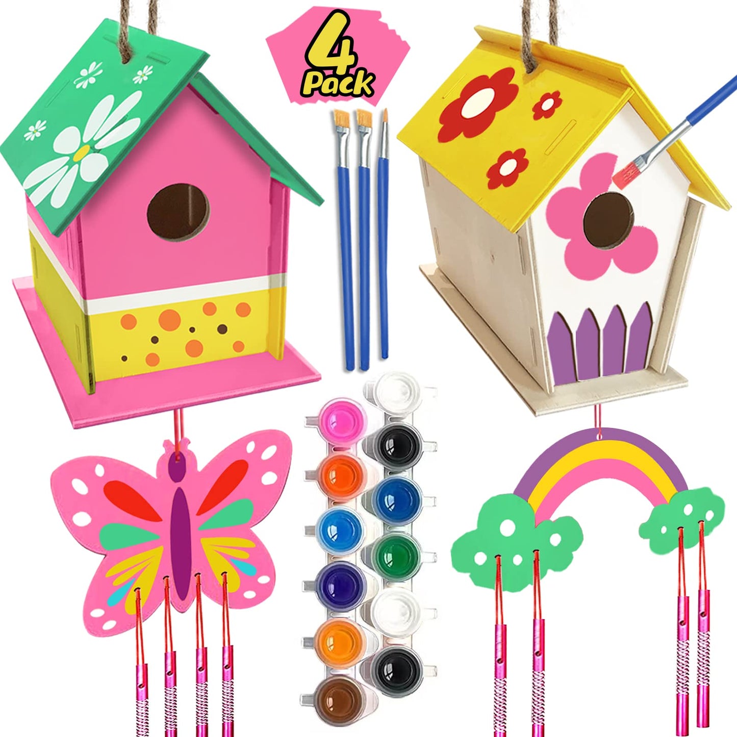 ORIENTAL CHERRY 4-Pack DIY Bird House & Wind Chime Kit for Kids – Build, Paint & Play
