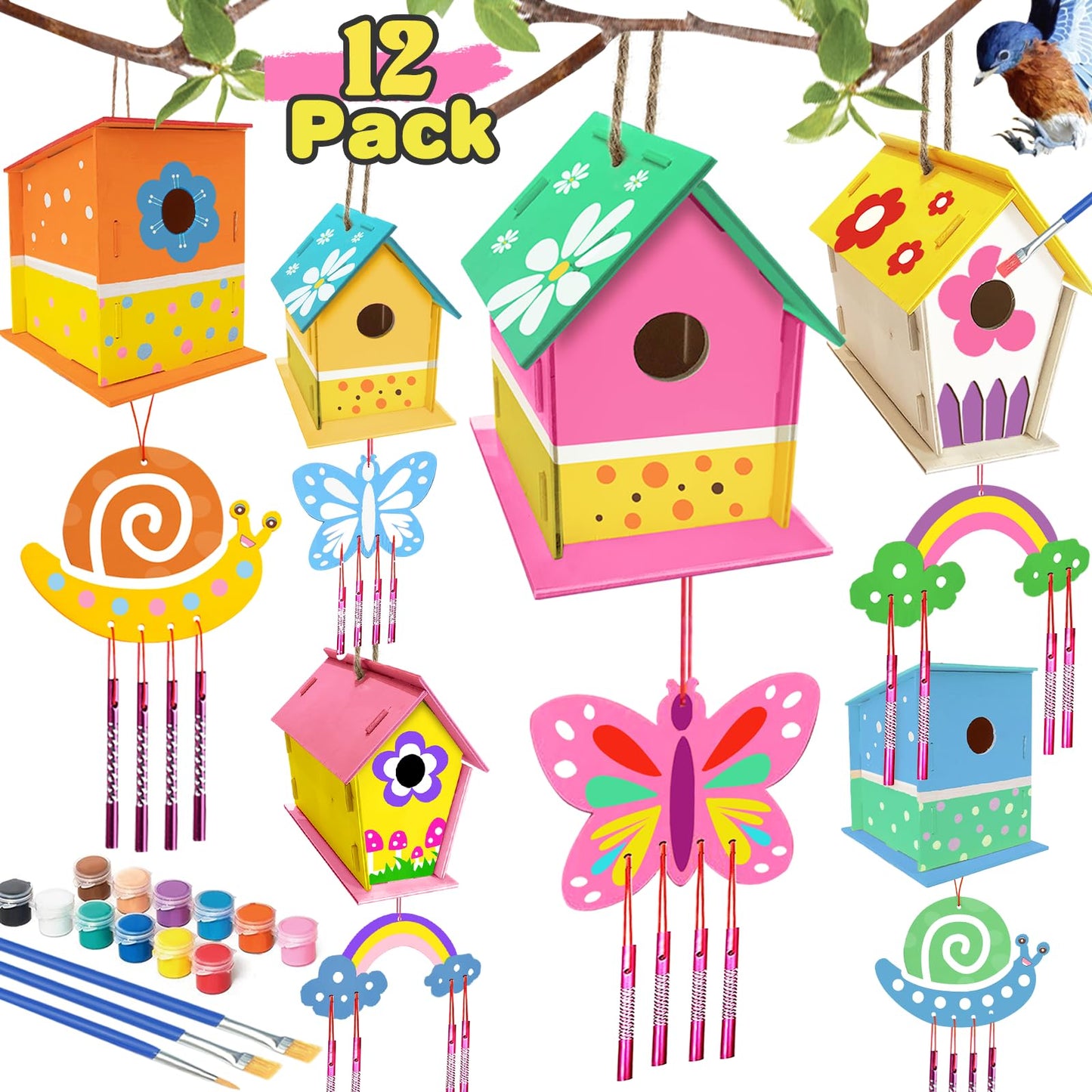 ORIENTAL CHERRY 12 Pack Bird House Wind Chime Kit – Easy Build DIY Arts & Crafts for Kids