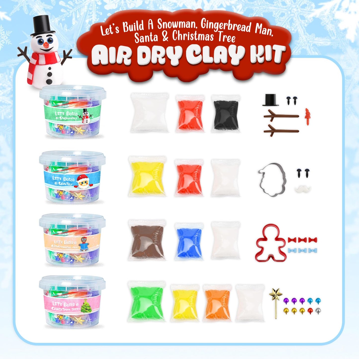 ORIENTAL CHERRY 4-Piece Air Dry Clay Kit – Snowman, Gingerbread, Santa & Christmas Tree Crafts for Kids