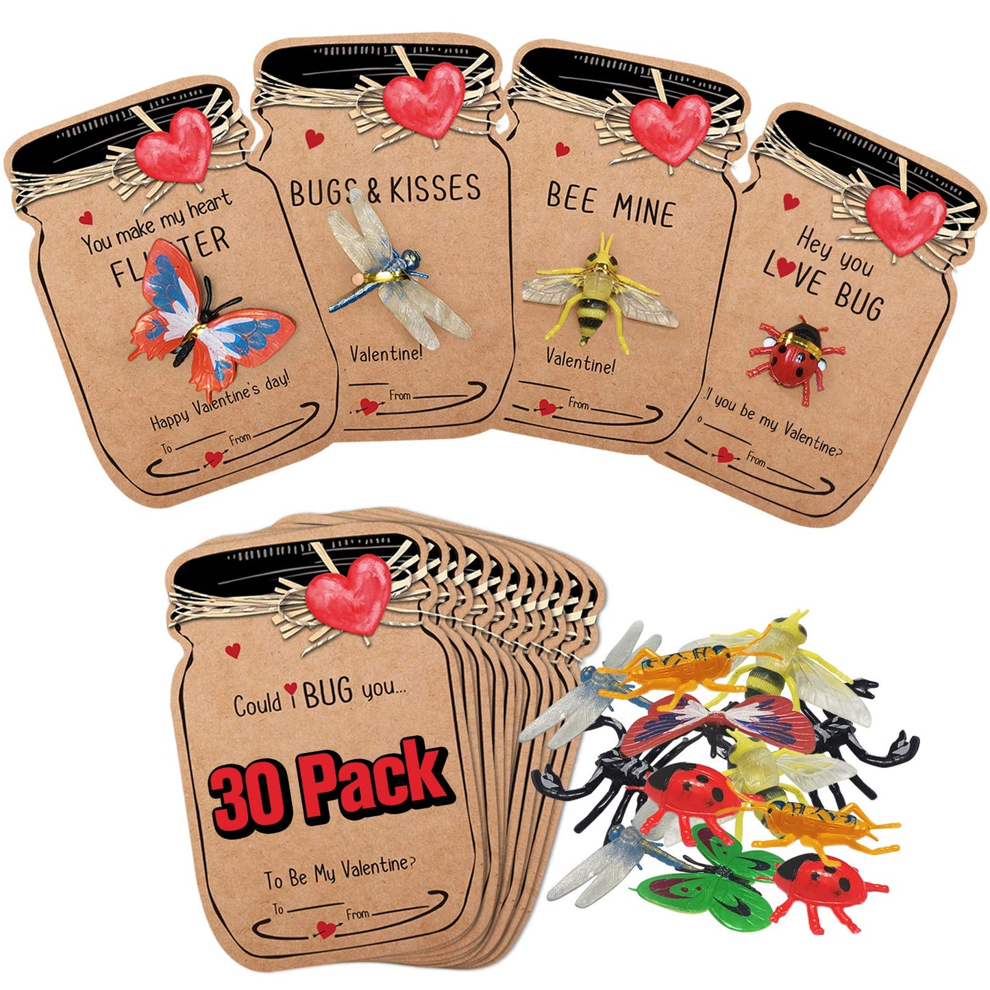 Oriental Cherry Love Bug Valentines Cards – 30 Pack for Kids, 6 Bug Designs