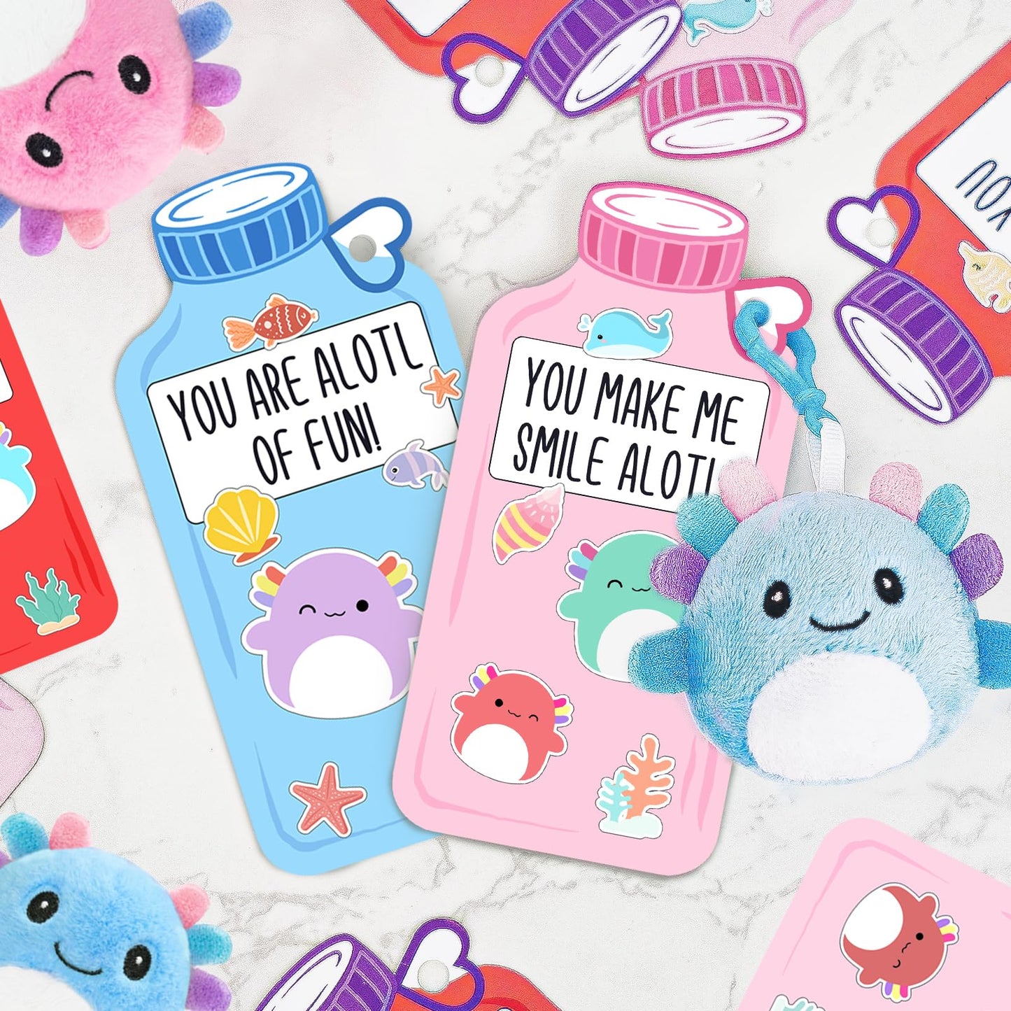 ORIENTAL CHERRY: 24 Axolotl Plush Keychains with Valentine Cards for Kids