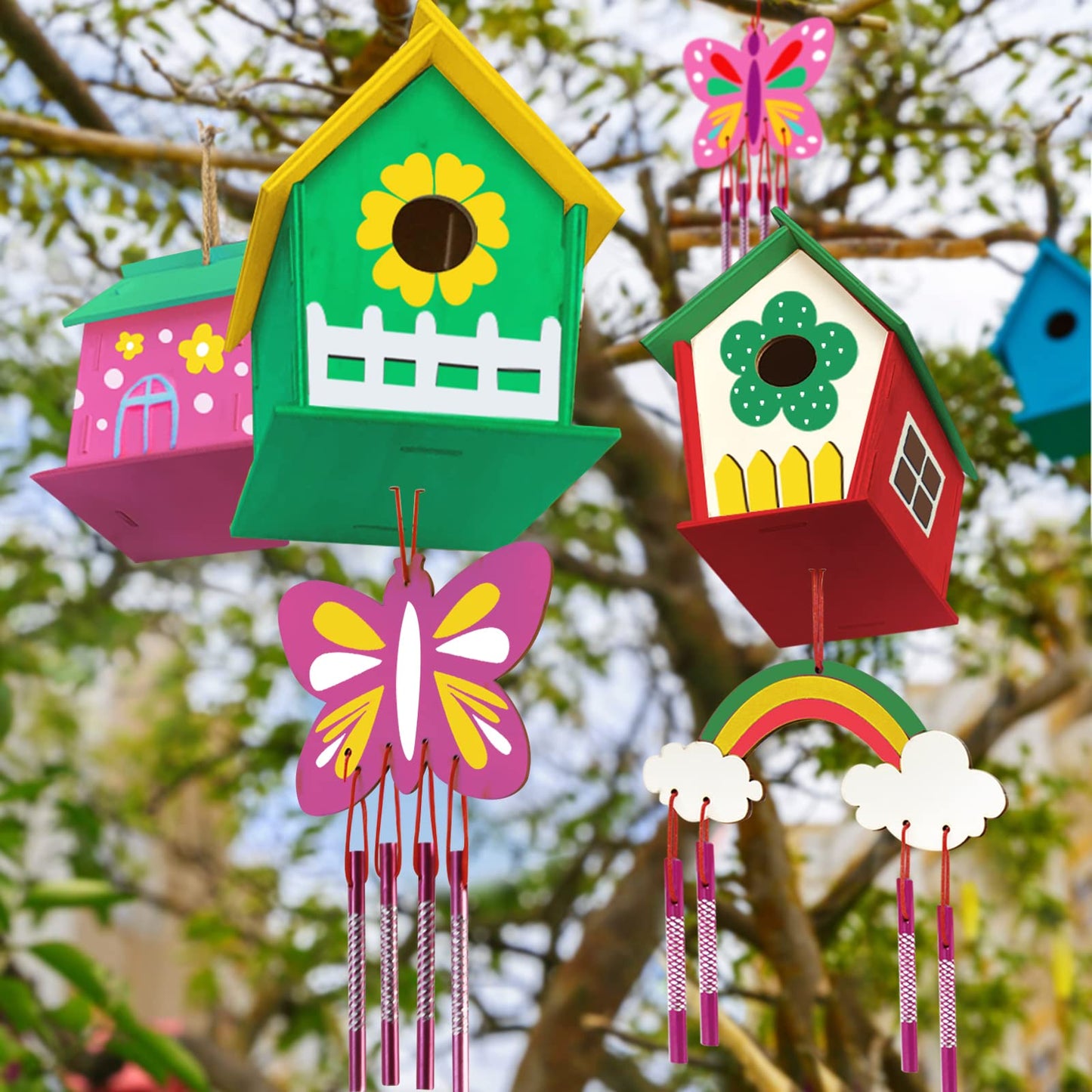 ORIENTAL CHERRY 4-Pack DIY Bird House & Wind Chime Kit for Kids – Build, Paint & Play