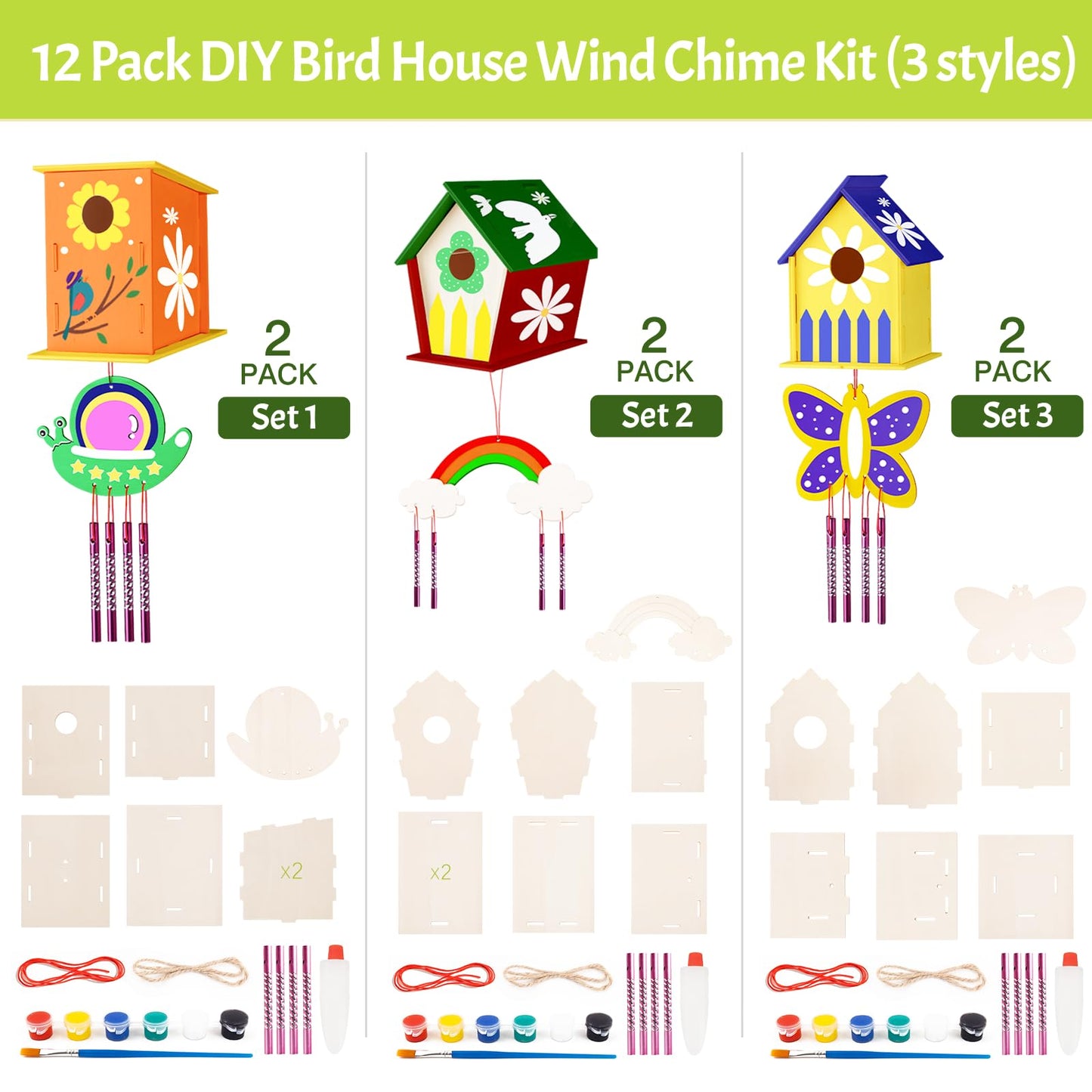 ORIENTAL CHERRY 12 Pack Bird House Wind Chime Kit – Easy Build DIY Arts & Crafts for Kids