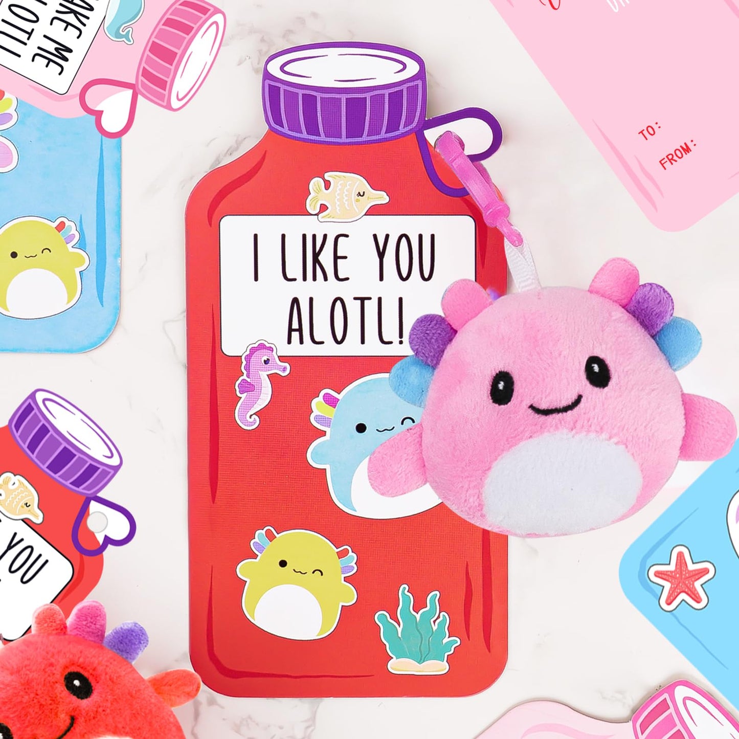 ORIENTAL CHERRY: 24 Axolotl Plush Keychains with Valentine Cards for Kids