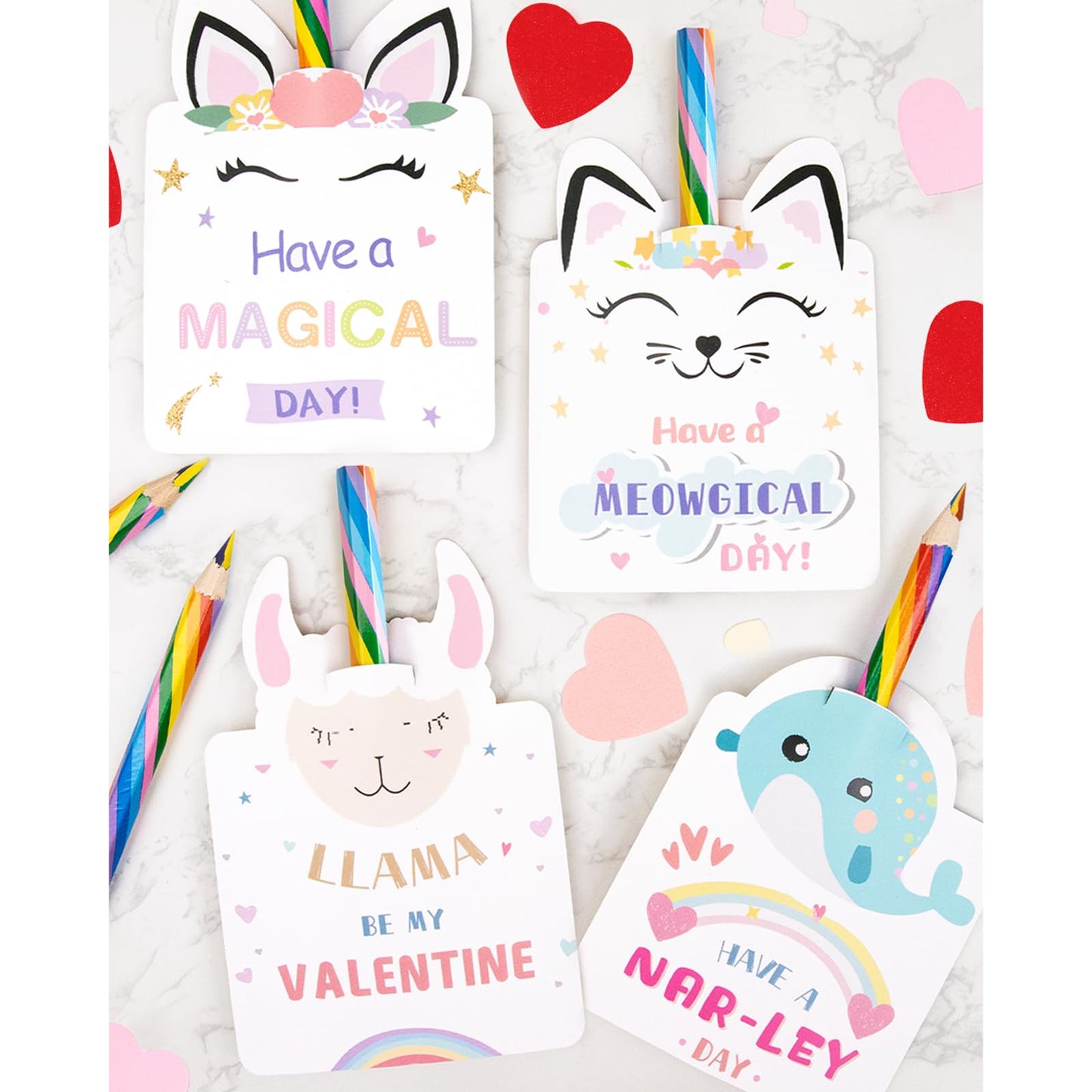Oriental Cherry Valentines Day Cards for Kids — 24 Rainbow Pencils Unicorn Set | Classroom Party Favors
